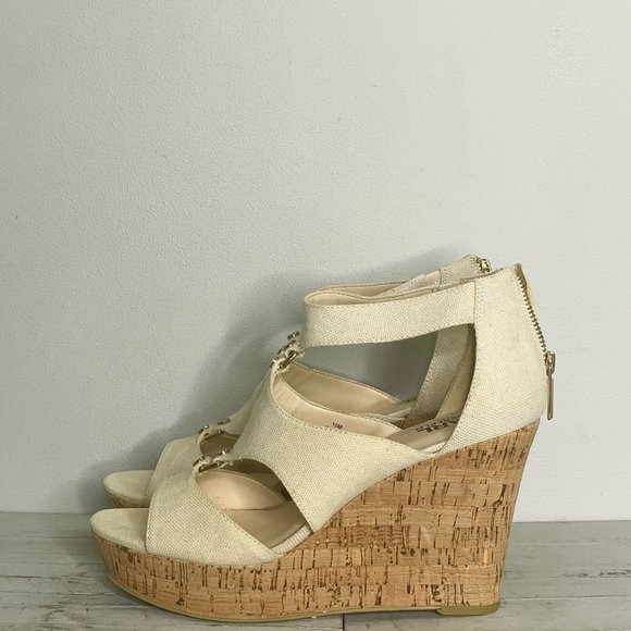 KARL LAGERFELD Savoie Canvas Cork Wedge Heel Open Toe Sandals - Picture 3 of 10